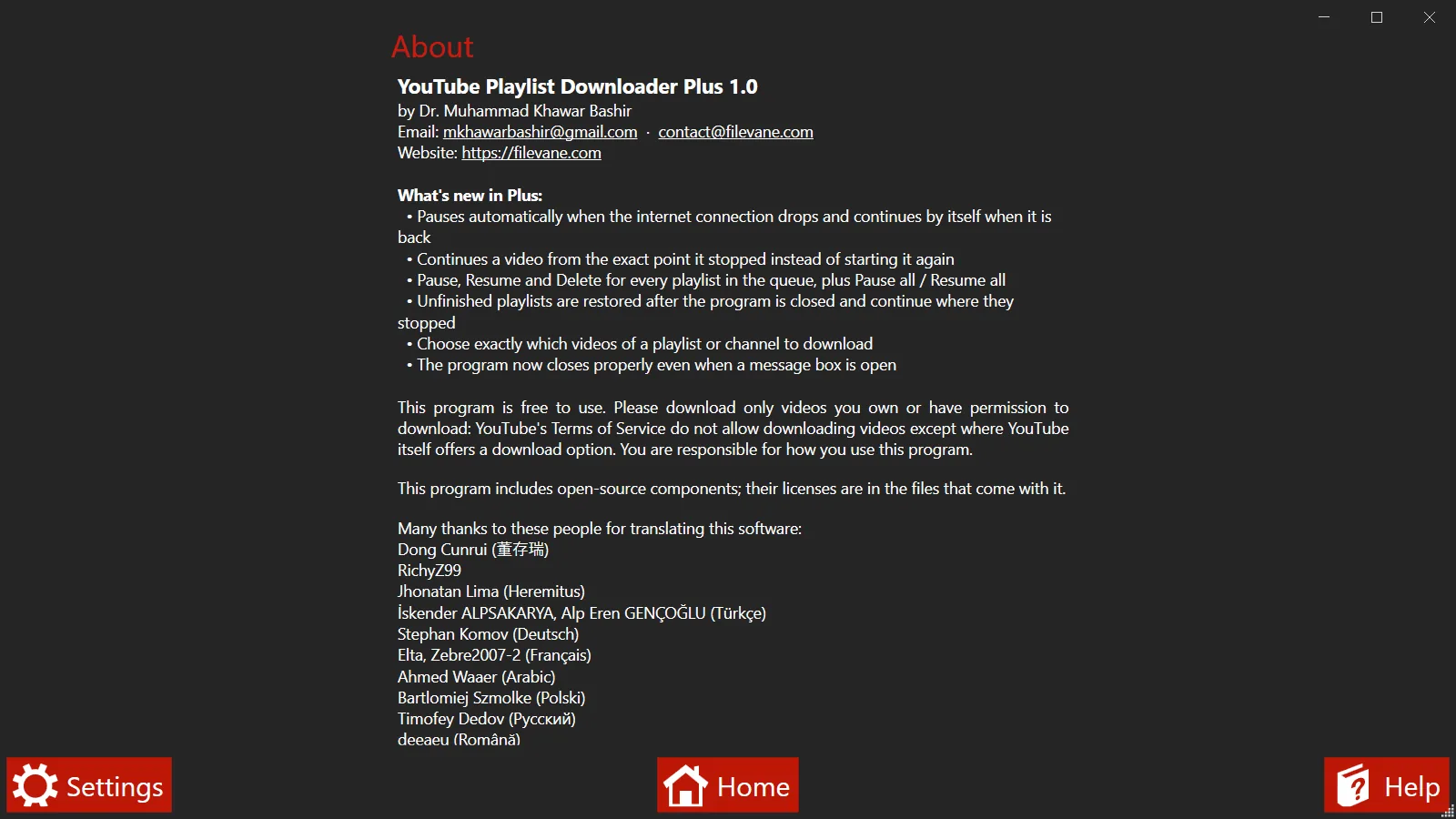 The About page of YouTube Playlist Downloader Plus showing version 1.0, the author and the list of features