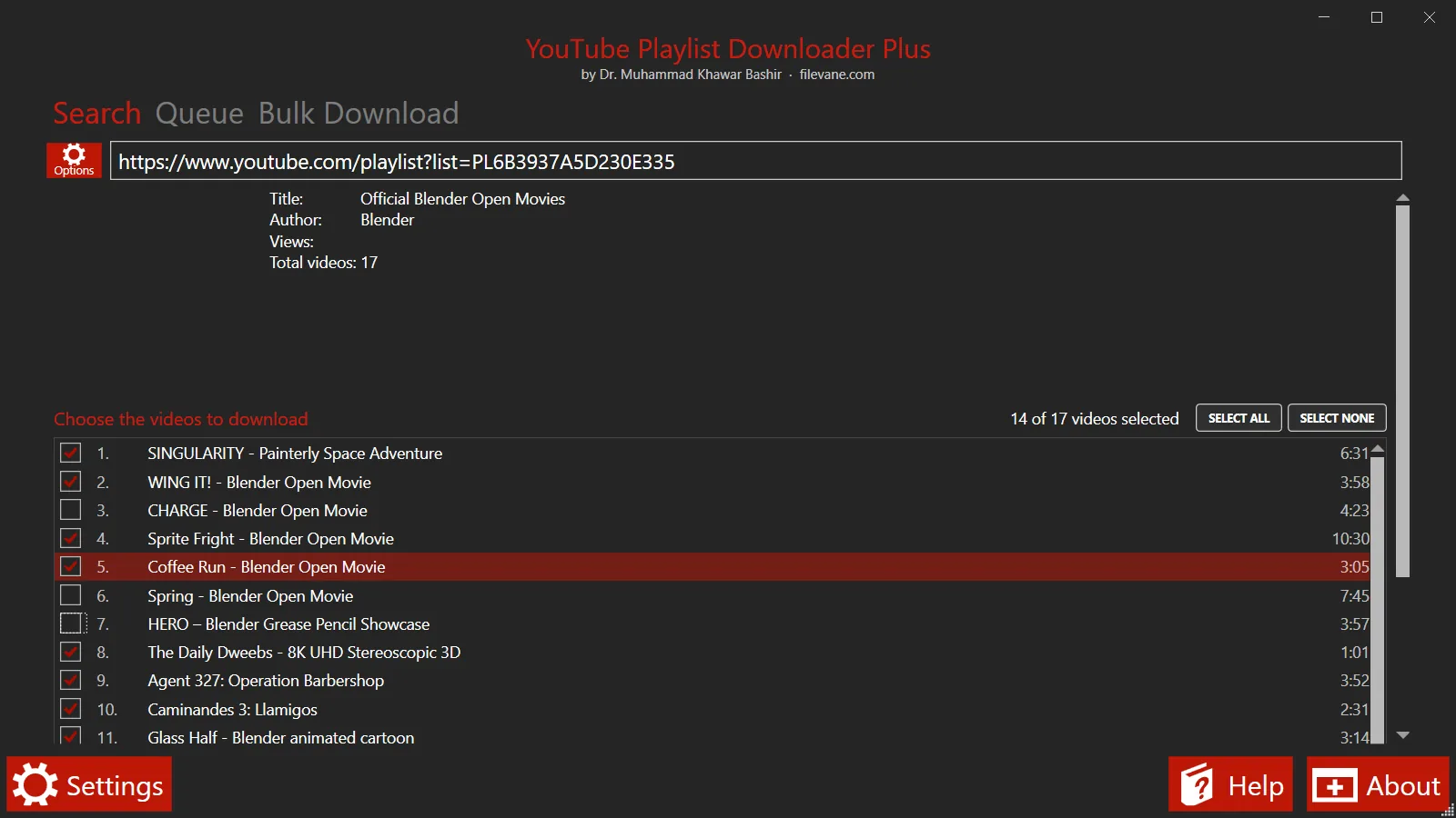YouTube Playlist Downloader Plus listing the 17 videos of a playlist with checkboxes, 14 of them selected